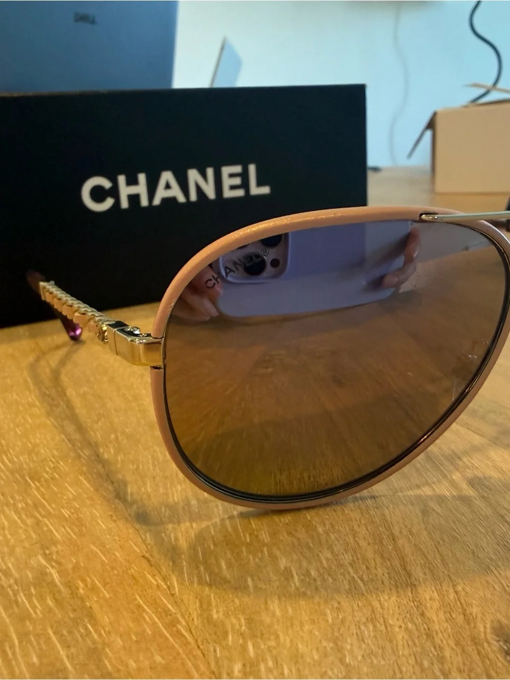 Chanel Light Pink Metal Polarized Pilot Winter Aviator Sunglasses